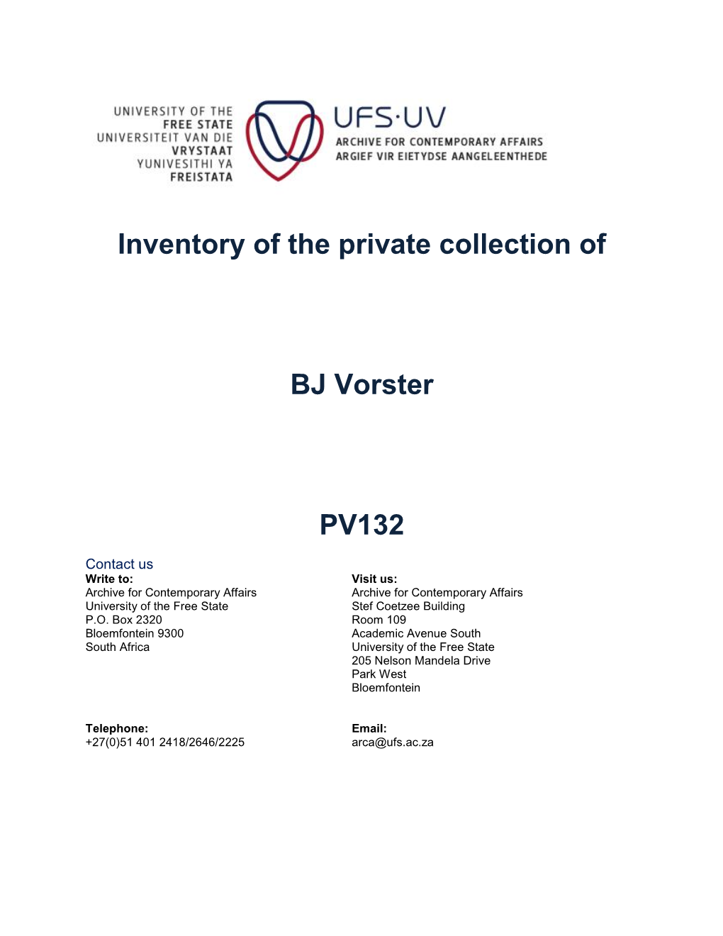 Inventory of the Private Collection of BJ Vorster PV132