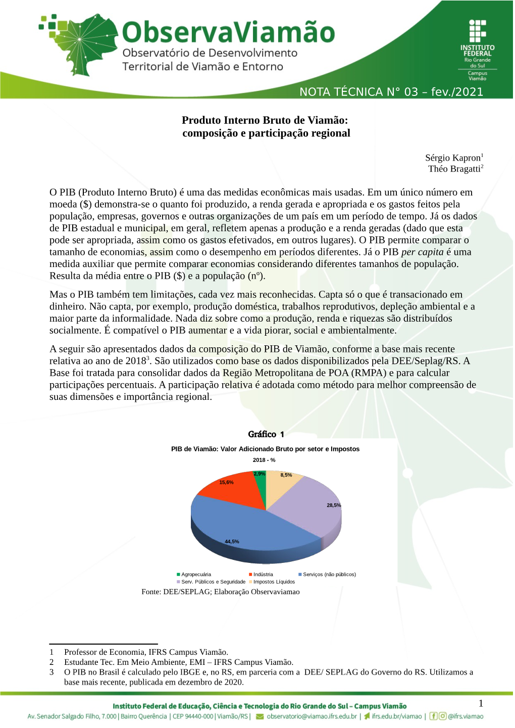 Produto Interno Bruto De Viamão: Composição E Participação Regional NOTA TÉCNICA N° 03 – Fev./2021