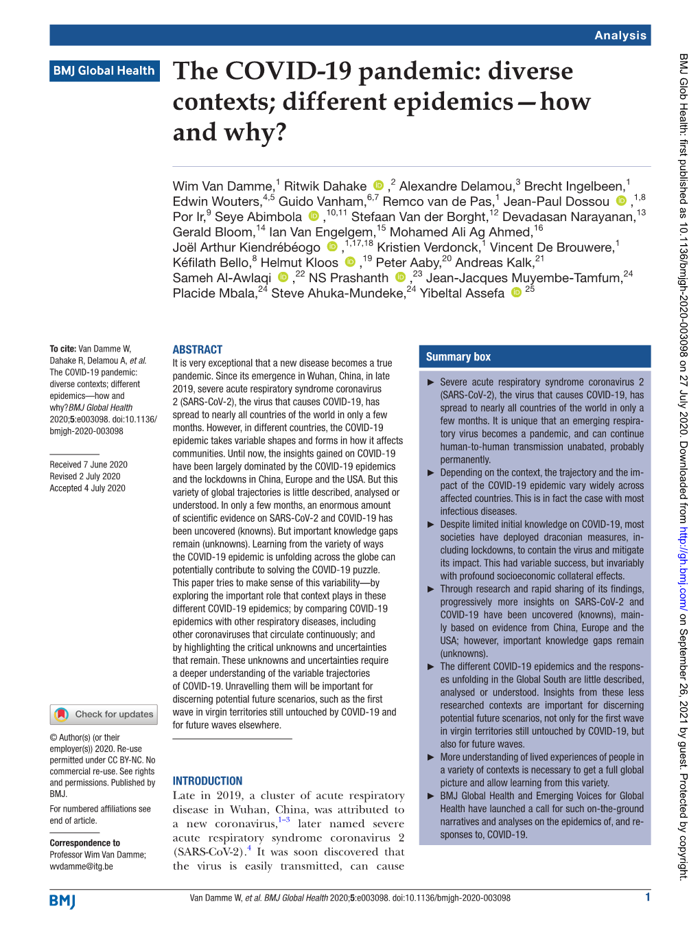 The COVID-19 Pandemic: Diverse Contexts; Different Epidemics—How and Why?