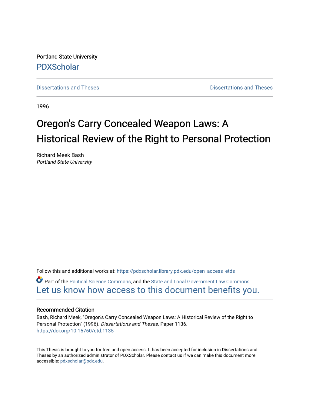 Oregon's Carry Concealed Weapon Laws: a Historical Review of the Right to Personal Protection
