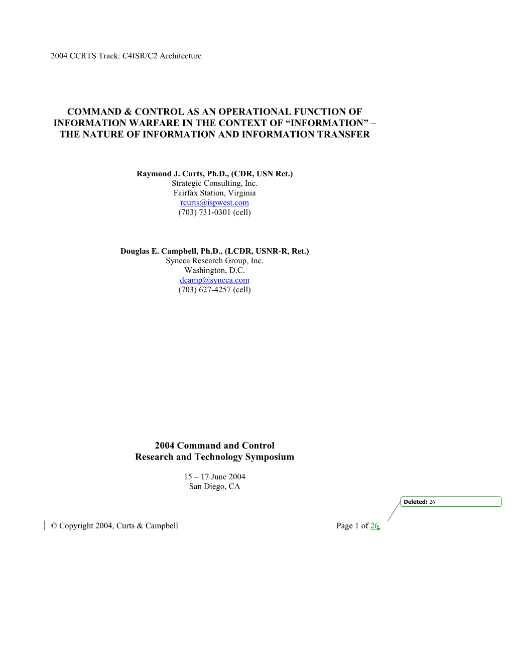 Command & Control As an Operational Function of Information Warfare in the Context of “Information” – the Nature of In