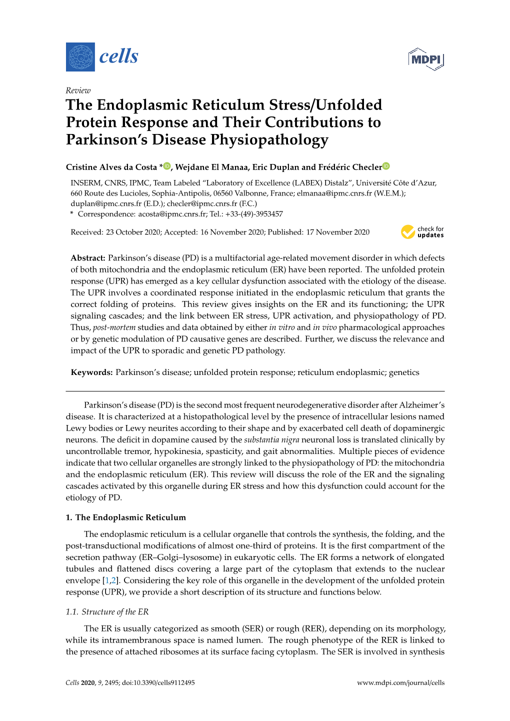 The Endoplasmic Reticulum Stress/Unfolded Protein Response and Their Contributions to Parkinson’S Disease Physiopathology