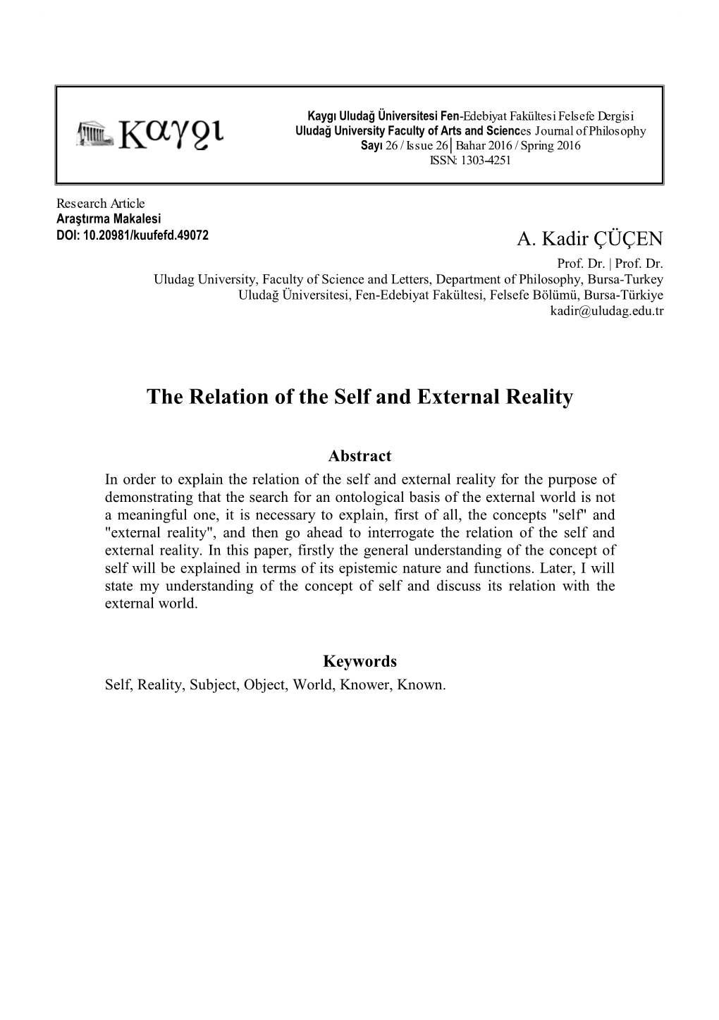 The Relation of the Self and External Reality 2016/26 37