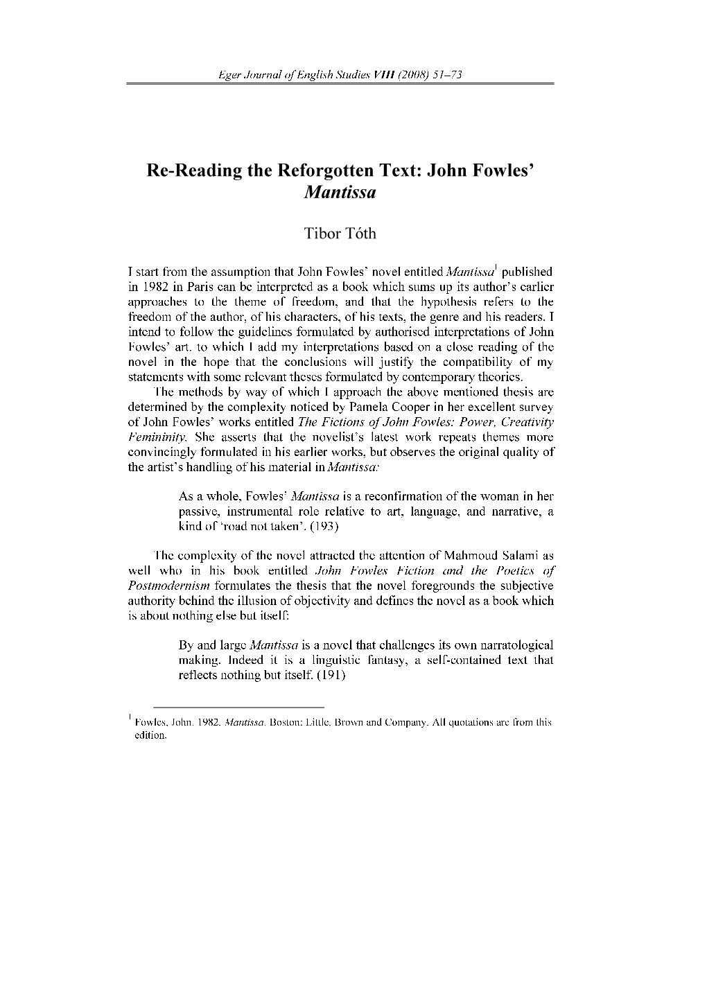 Re-Reading the Reforgotten Text: John Fowles' Mantissa