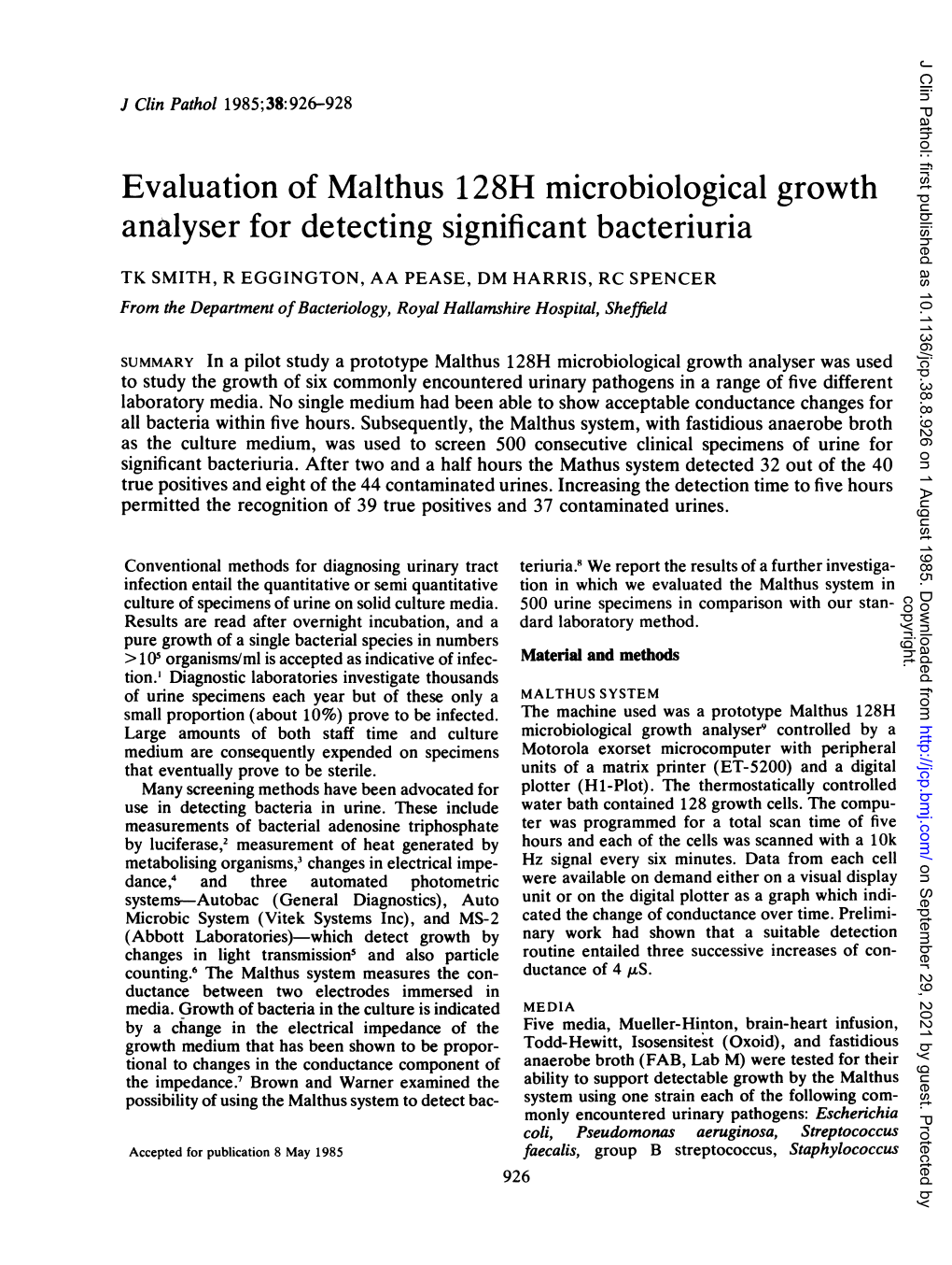 Evaluation of Malthus 128H Microbiological Growth Analyser for Detecting Significant Bacteriuria