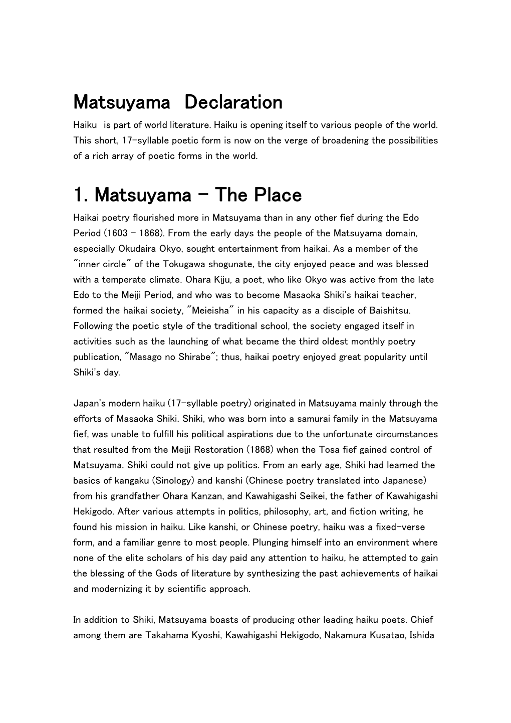 Matsuyama Declaration 1. Matsuyama