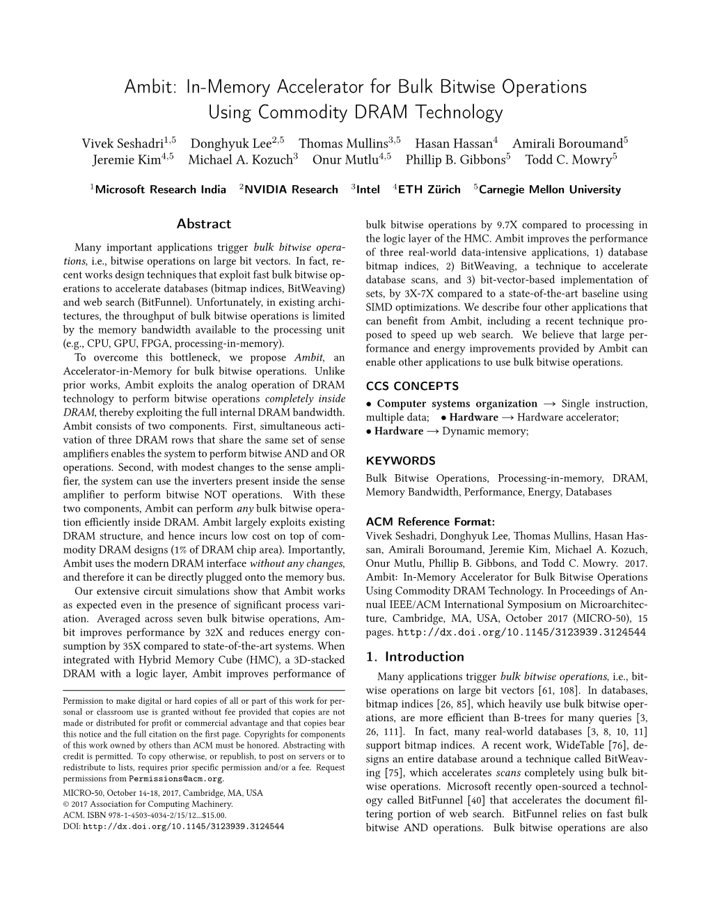 Ambit: In-Memory Accelerator for Bulk Bitwise Operations Using Commodity DRAM Technology