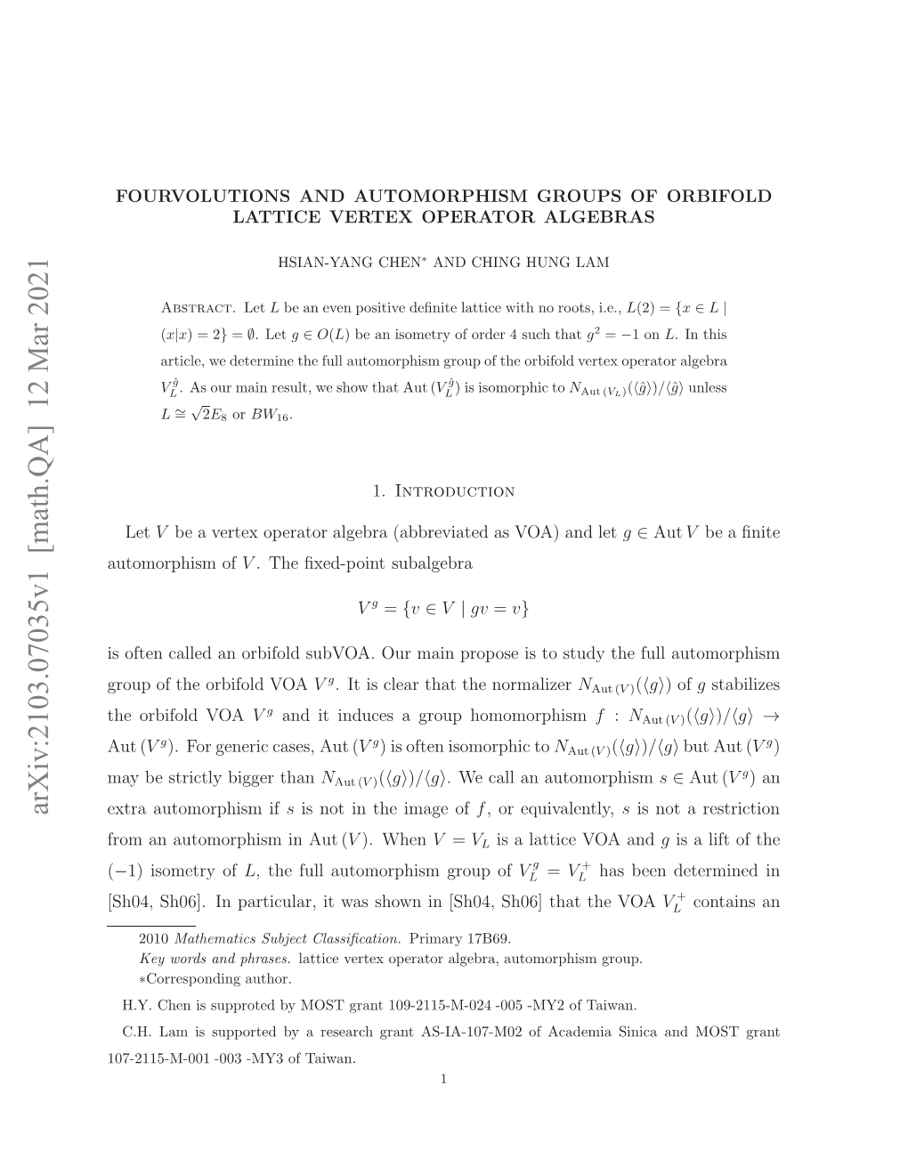 Arxiv:2103.07035V1 [Math.QA] 12 Mar 2021 H Riodvoa Orbifold the 0-15M01-0 M3o Taiwan