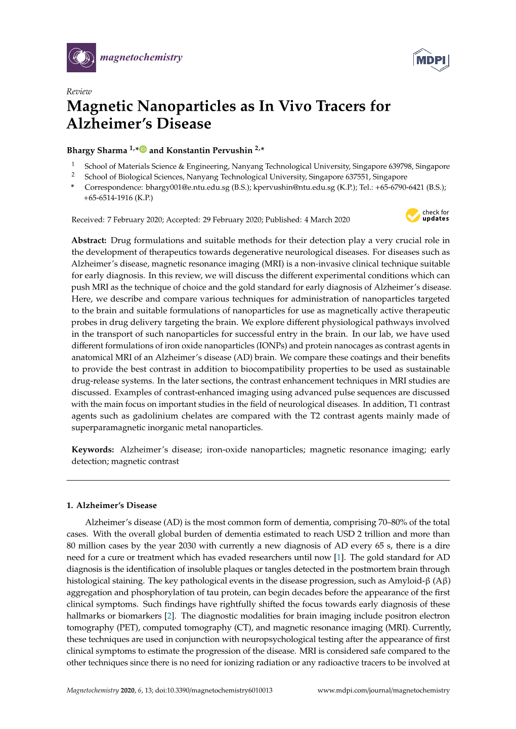 Magnetic Nanoparticles As in Vivo Tracers for Alzheimer's Disease