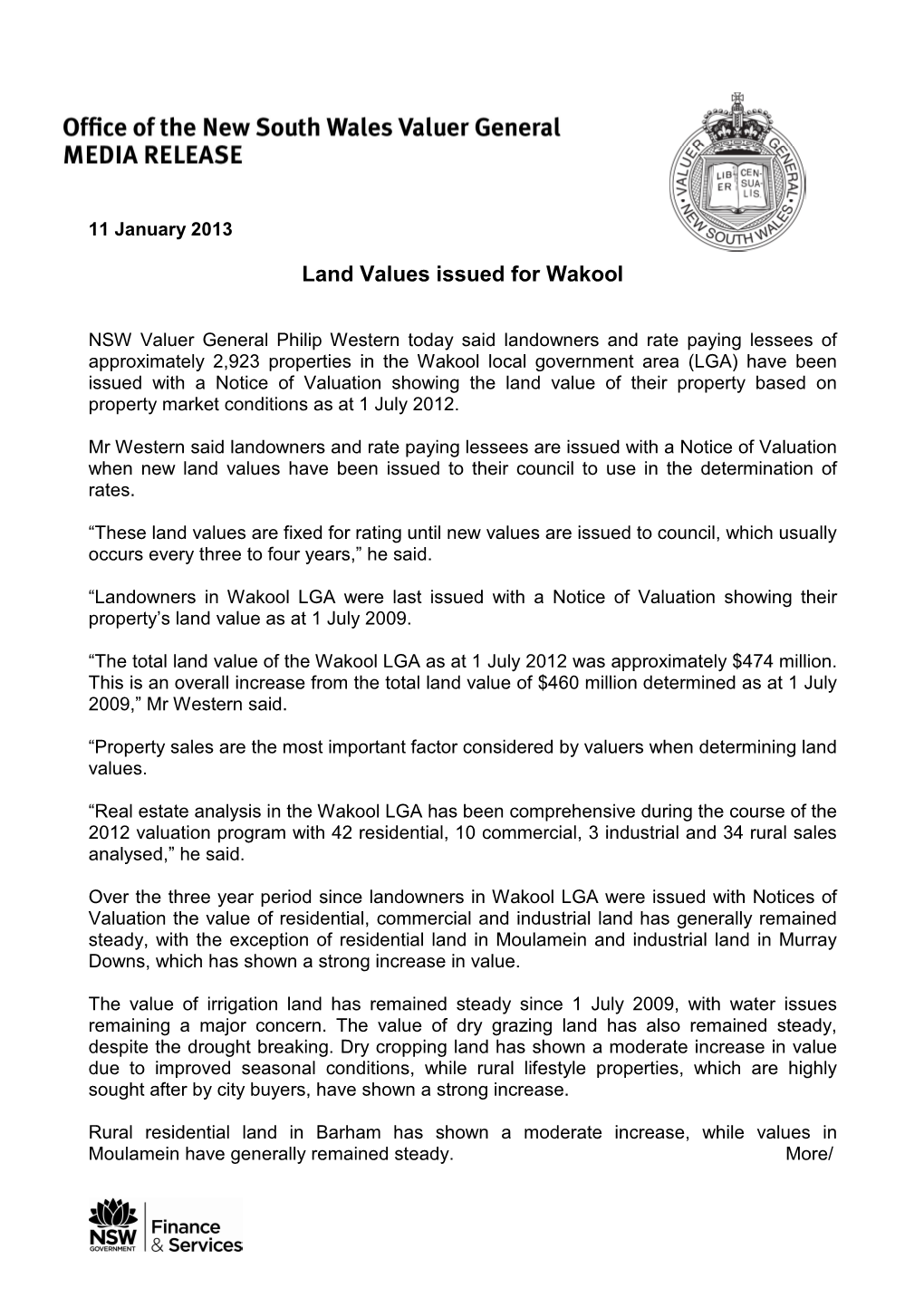 11 January 2013 Land Values Issued for Wakool