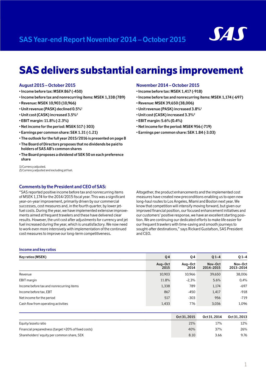 SAS Delivers Substantial Earnings Improvement­