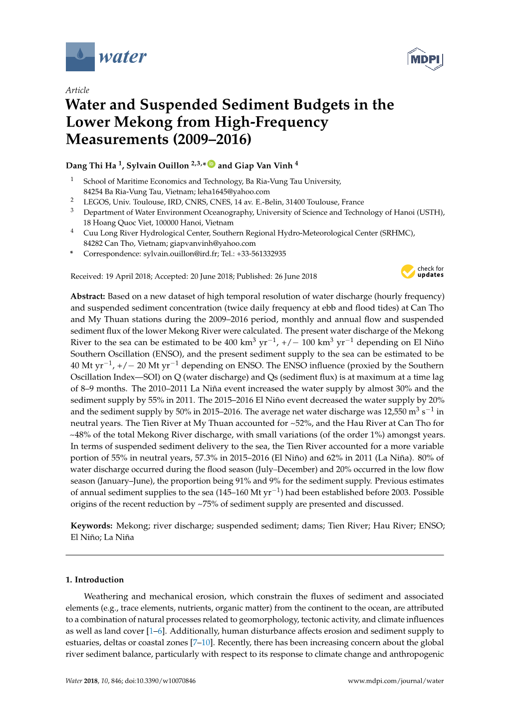 Water and Suspended Sediment Budgets in the Lower Mekong from High-Frequency Measurements (2009–2016)