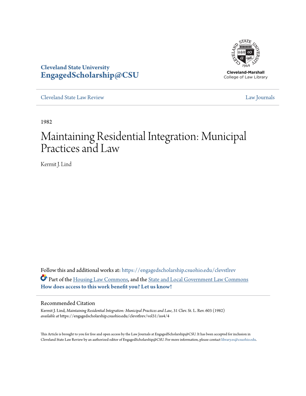 Maintaining Residential Integration: Municipal Practices and Law Kermit J