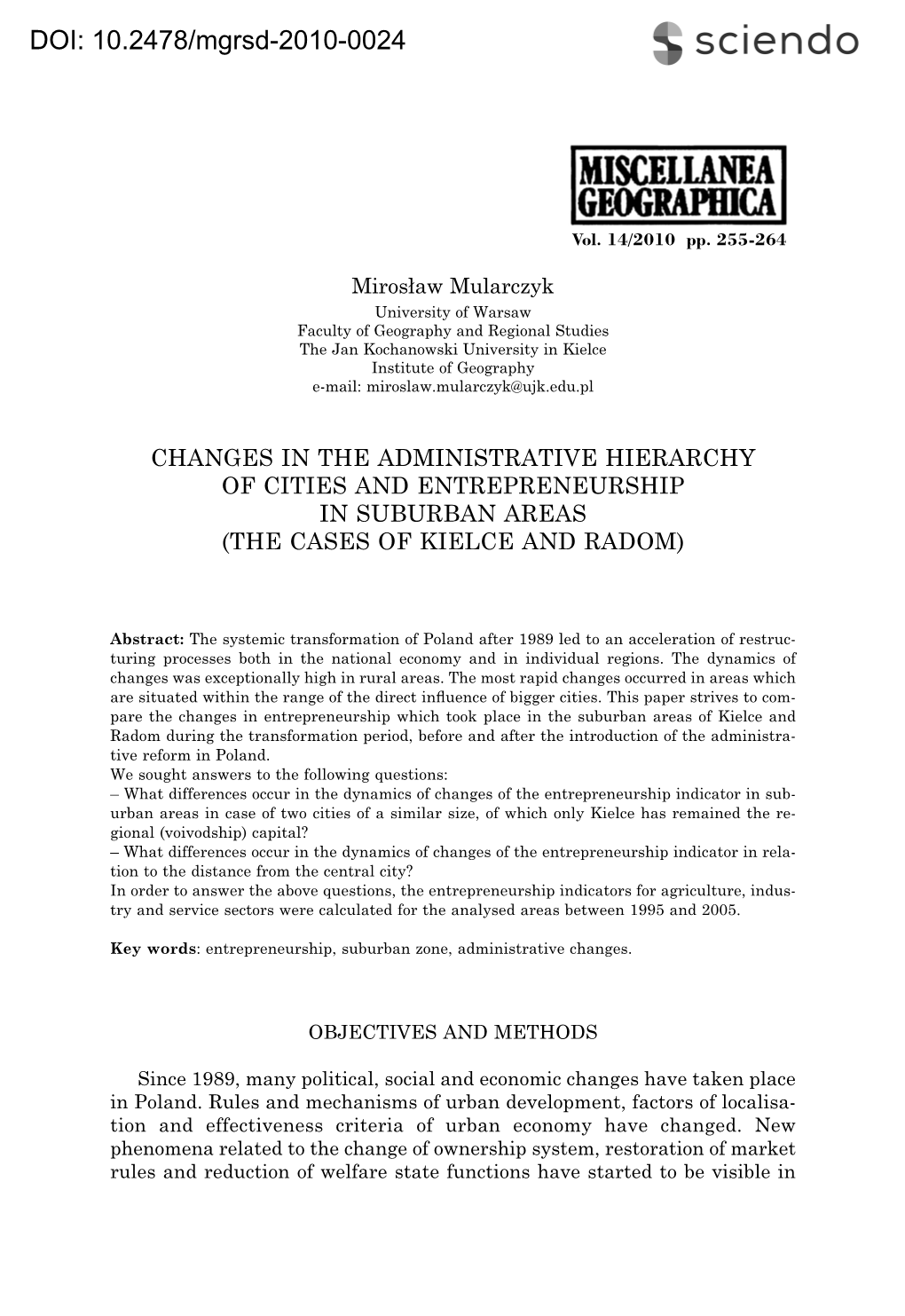 Changes in the Administrative Hierarchy of Cities and Entrepreneurship in Suburban Areas (The Cases of Kielce and Radom)