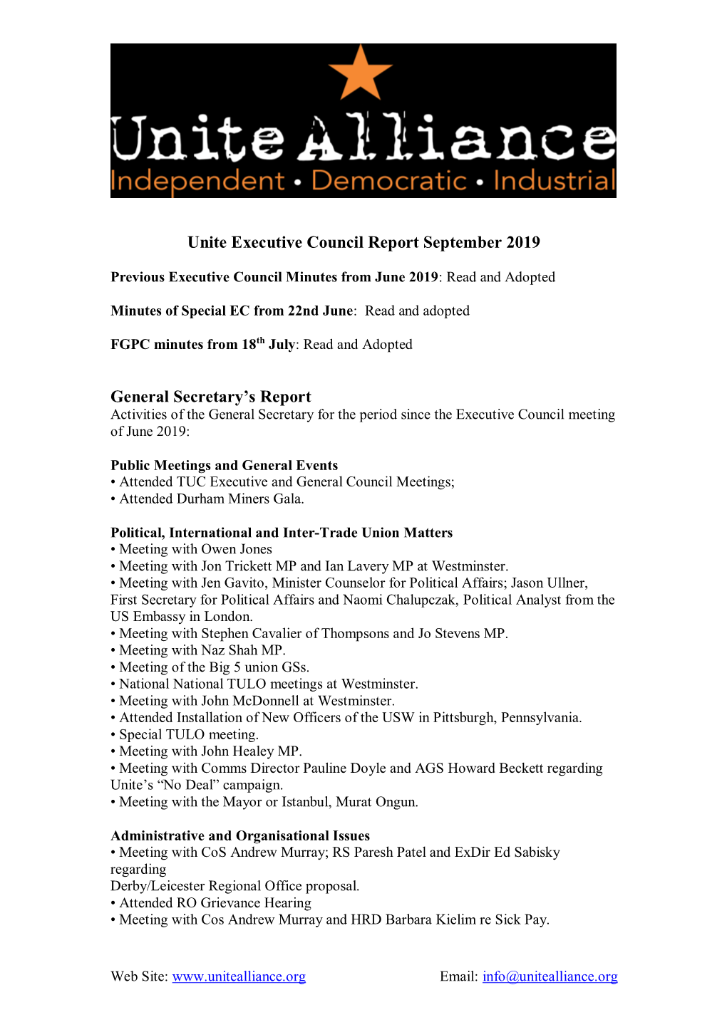 Unite Executive Council Report September 2019 General