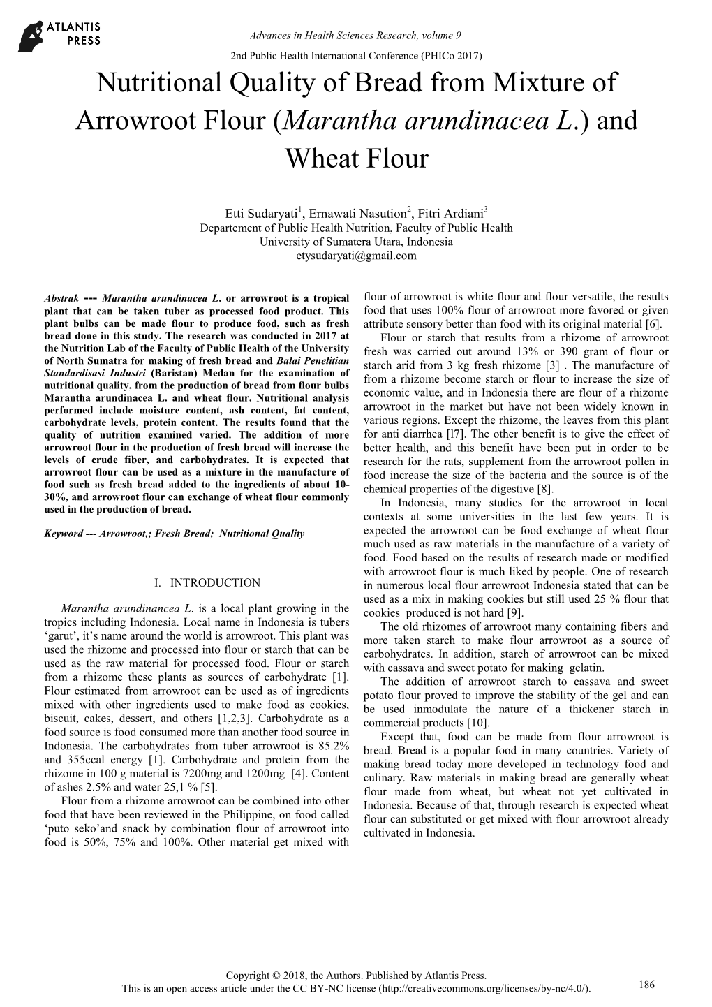 Nutritional Quality of Bread from Mixture of Arrowroot Flour (Marantha Arundinacea L.) and Wheat Flour