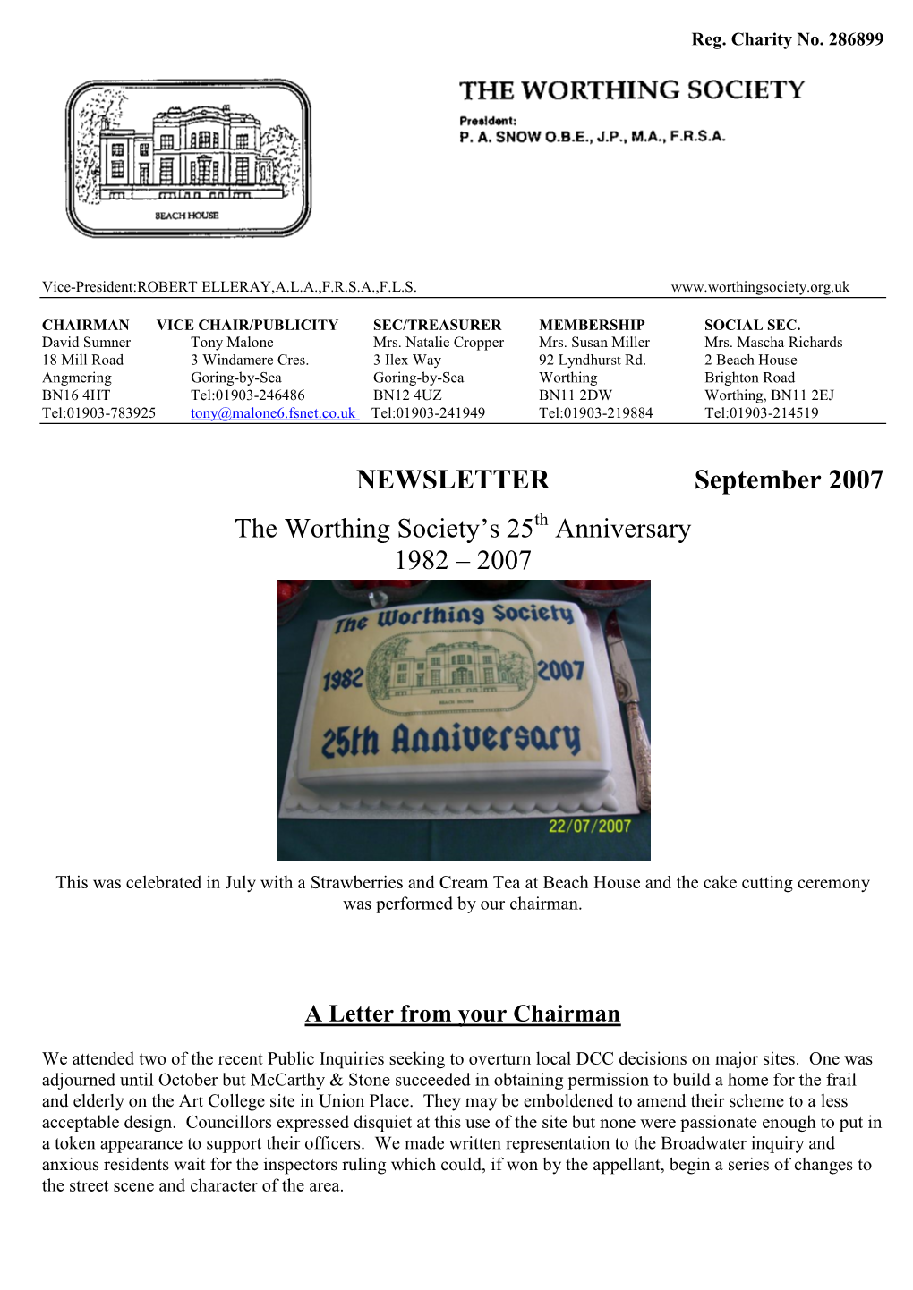 NEWSLETTER September 2007 the Worthing Society‟S 25Th