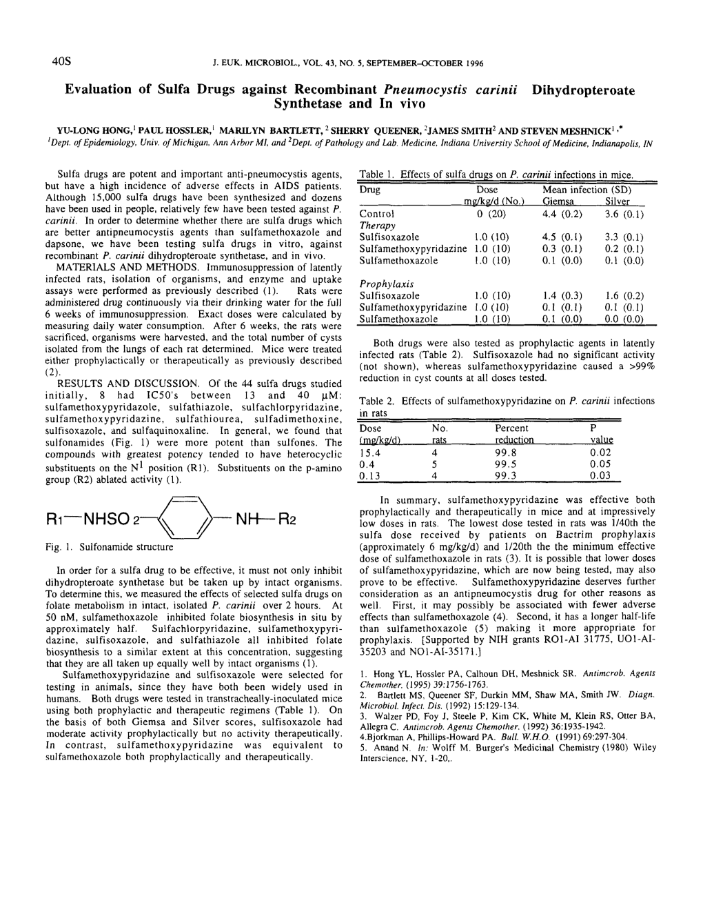 Evaluation of Sulfa Drugs Against Recombinant Pneumocystis Carinii Dihydropteroate Synthetase and in Vivo