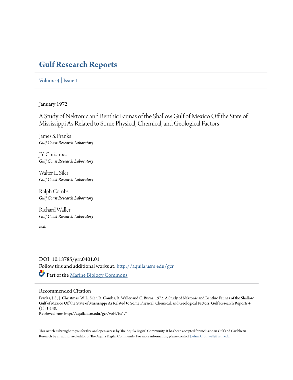 A Study of Nektonic and Benthic Faunas of the Shallow Gulf