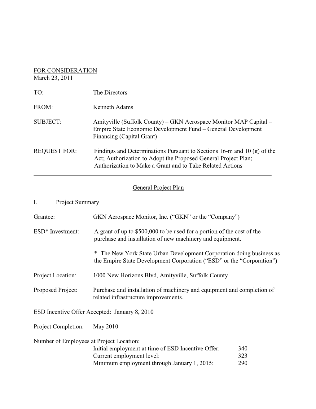 GKN Aerospace Monitor MAP Capital – Empire State Economic Development Fund – General Development Financing (Capital Grant)