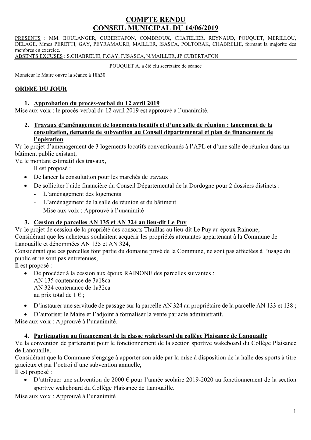 Compte Rendu Conseil Municipal Du 14/06/2019