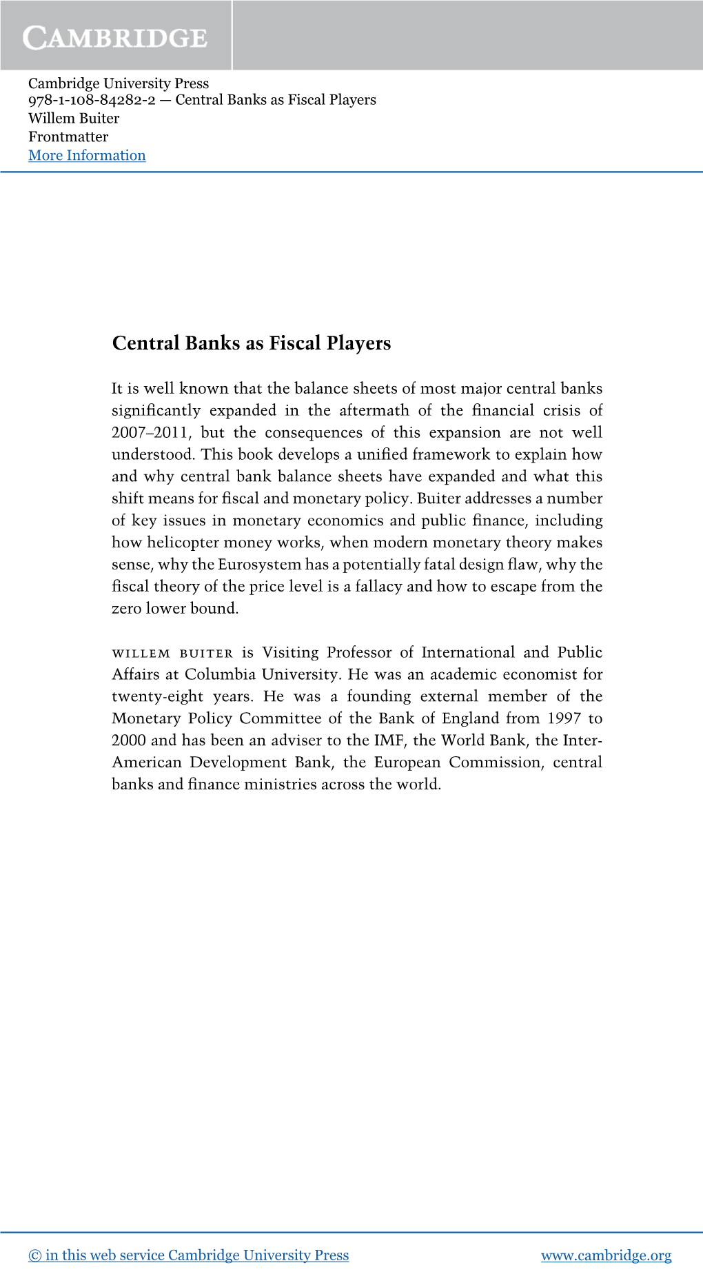 Central Banks As Fiscal Players Willem Buiter Frontmatter More Information
