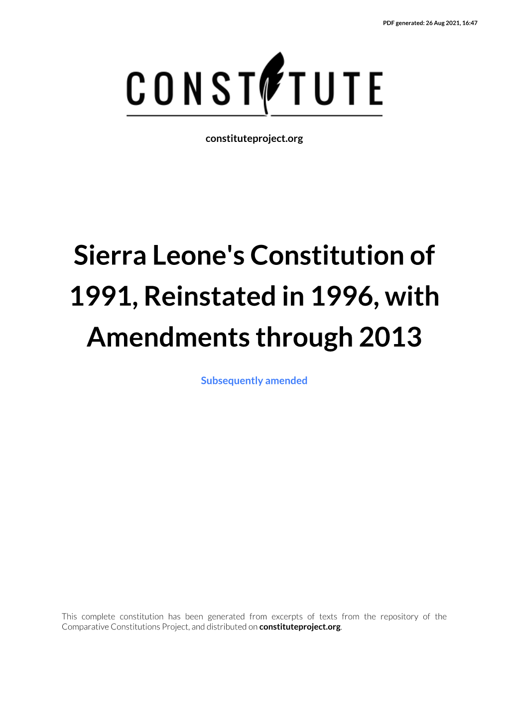 Sierra Leone's Constitution of 1991, Reinstated in 1996, with Amendments Through 2013