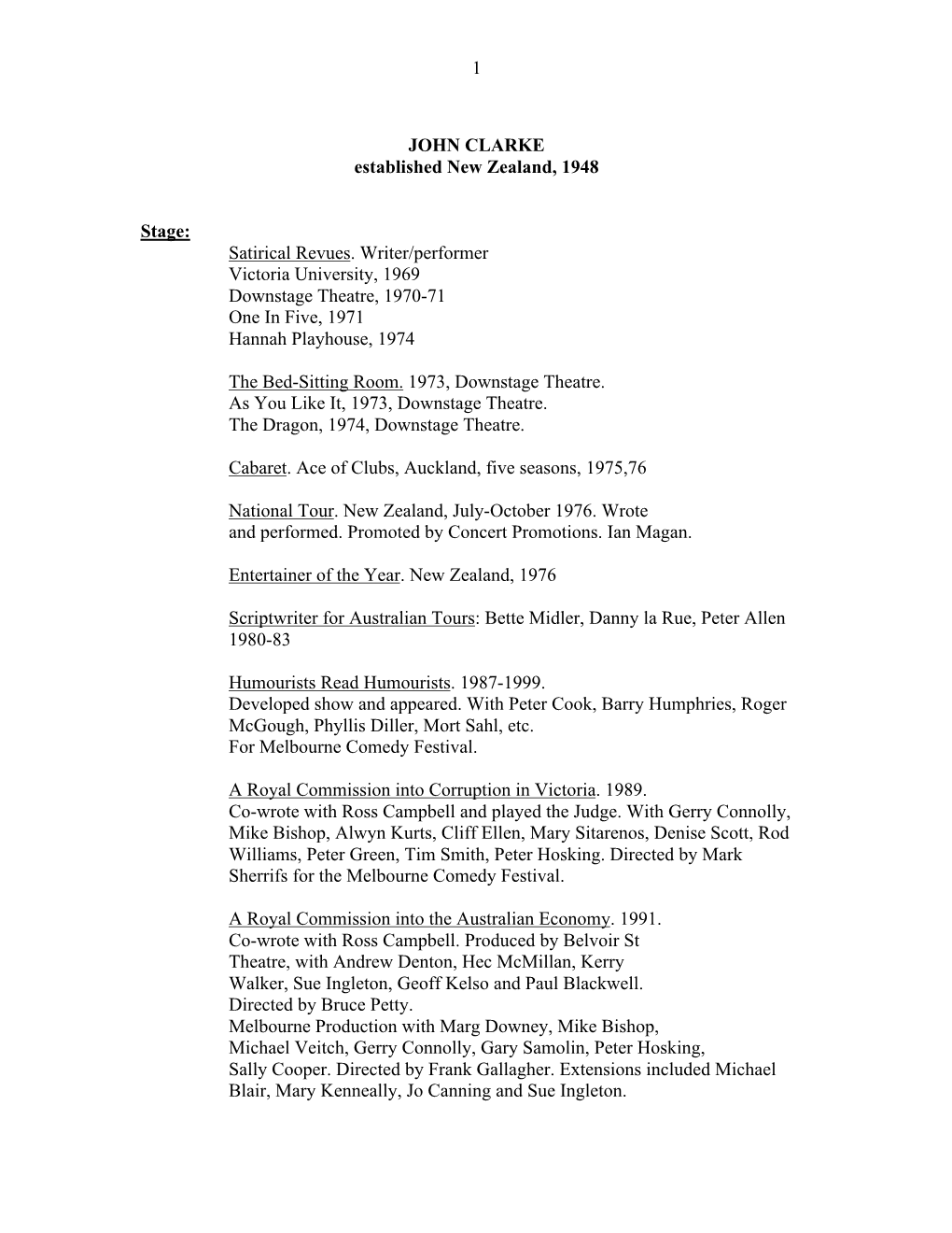 Satirical Revues. Writer/Performer Victoria University, 1969 Downstage Theatre, 1970-71 One in Five, 1971 Hannah Playhouse, 1974
