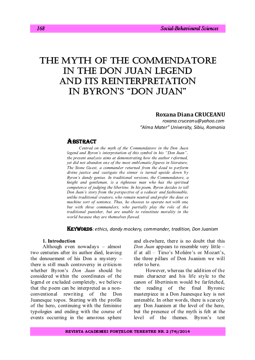 The Myth of the Commendatore in the Don Juan Legend and Its Reinterpretation in Byron's “Don Juan”