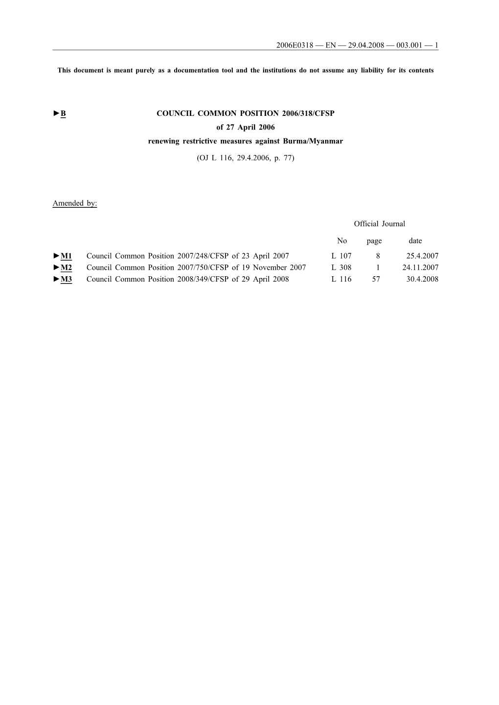 B COUNCIL COMMON POSITION 2006/318/CFSP of 27 April 2006 Renewing Restrictive Measures Against Burma/Myanmar