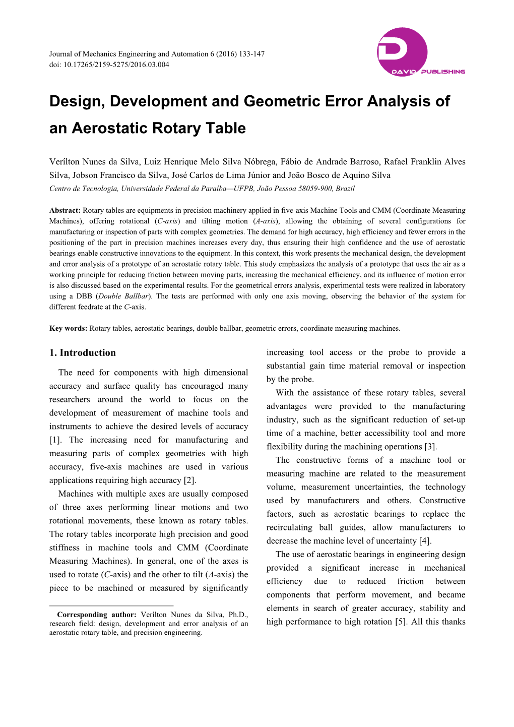 Design, Development and Geometric Error Analysis of an Aerostatic Rotary Table