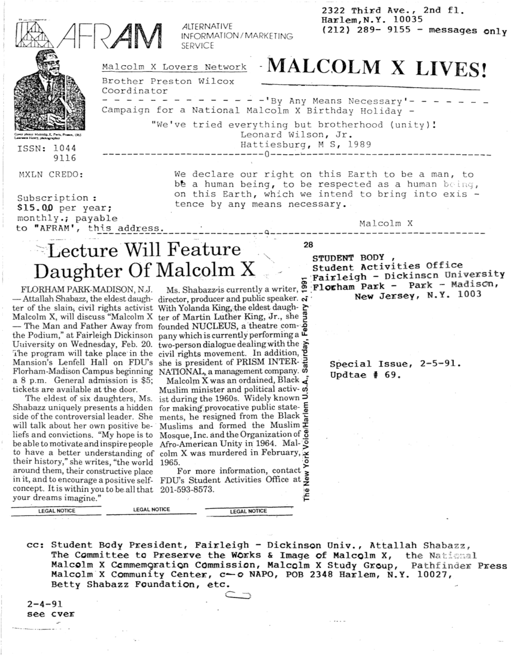 Daughter of Malcolm X ~'Faixleigh - Dickinscn Udlvexs1ty O)'FI H Pallk Park - Madison, FLORHAM PARK-MADISON, N.J