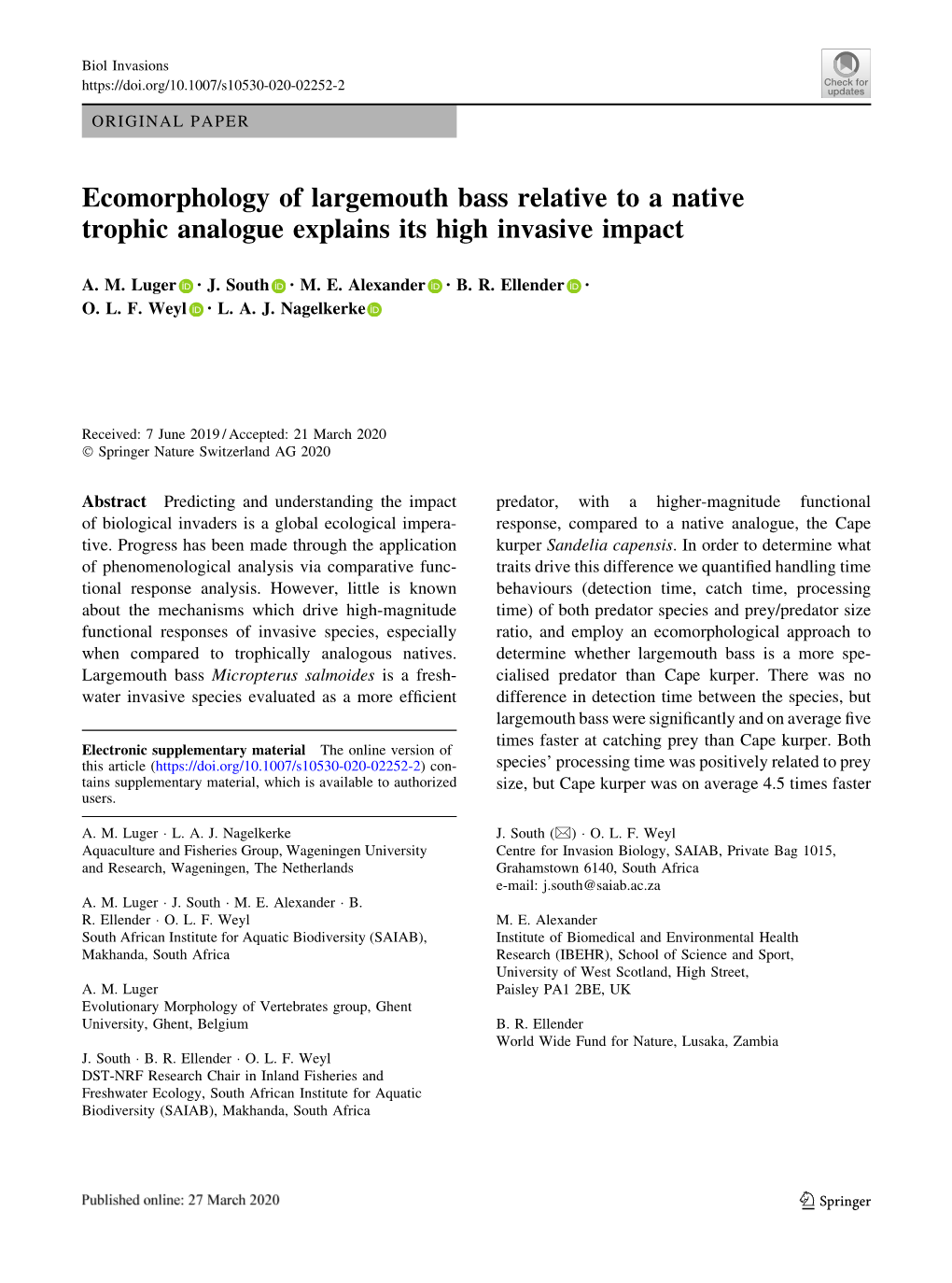 Ecomorphology of Largemouth Bass Relative to a Native Trophic Analogue Explains Its High Invasive Impact