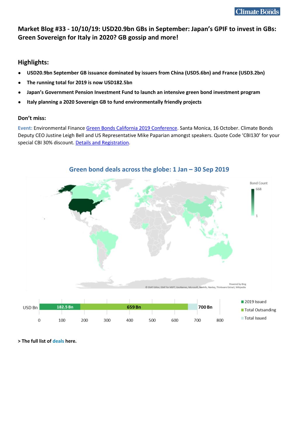 Market Blog #33 - 10/10/19: USD20.9Bn Gbs in September: Japan’S GPIF to Invest in Gbs: Green Sovereign for Italy in 2020? GB Gossip and More!