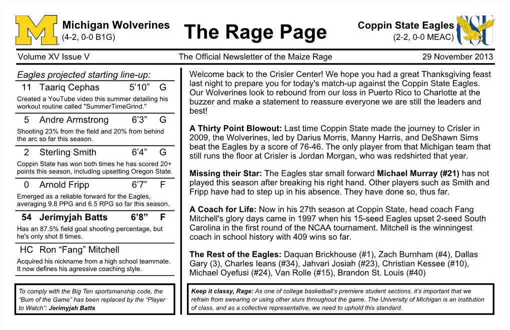 Coppin State Eagles (4-2, 0-0 B1G) the Rage Page (2-2, 0-0 MEAC)