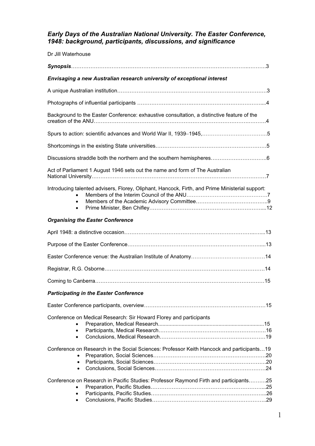 Early Days of the Australian National University. the Easter Conference, 1948: Background, Participants, Discussions, and Significance