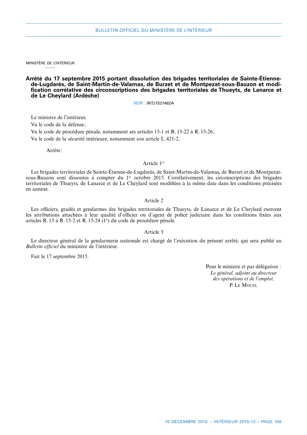 Arrêté Du 17 Septembre 2015 Portant Dissolution Des Brigades