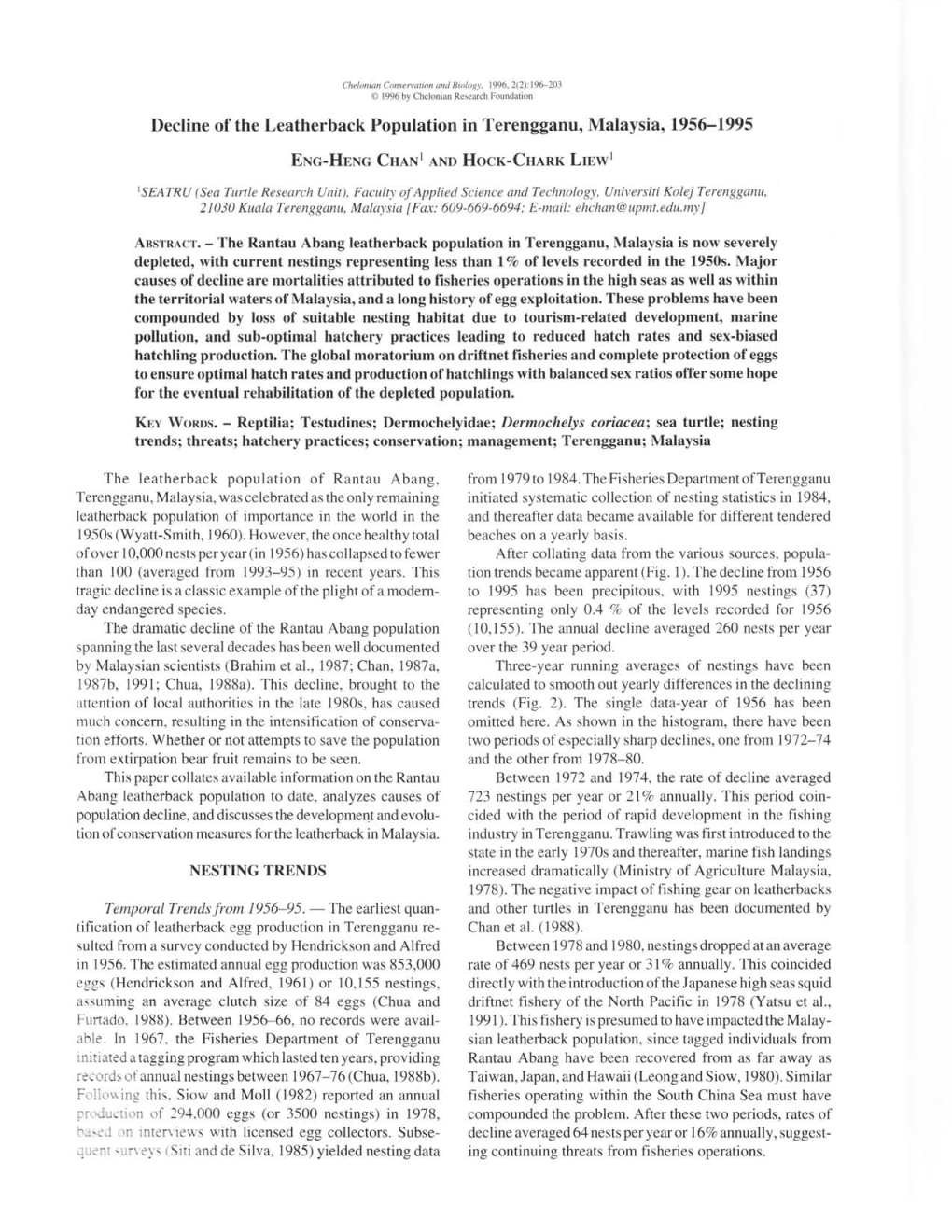 Decline of the Leatherback Population in Terengganu, Malaysia, 1956