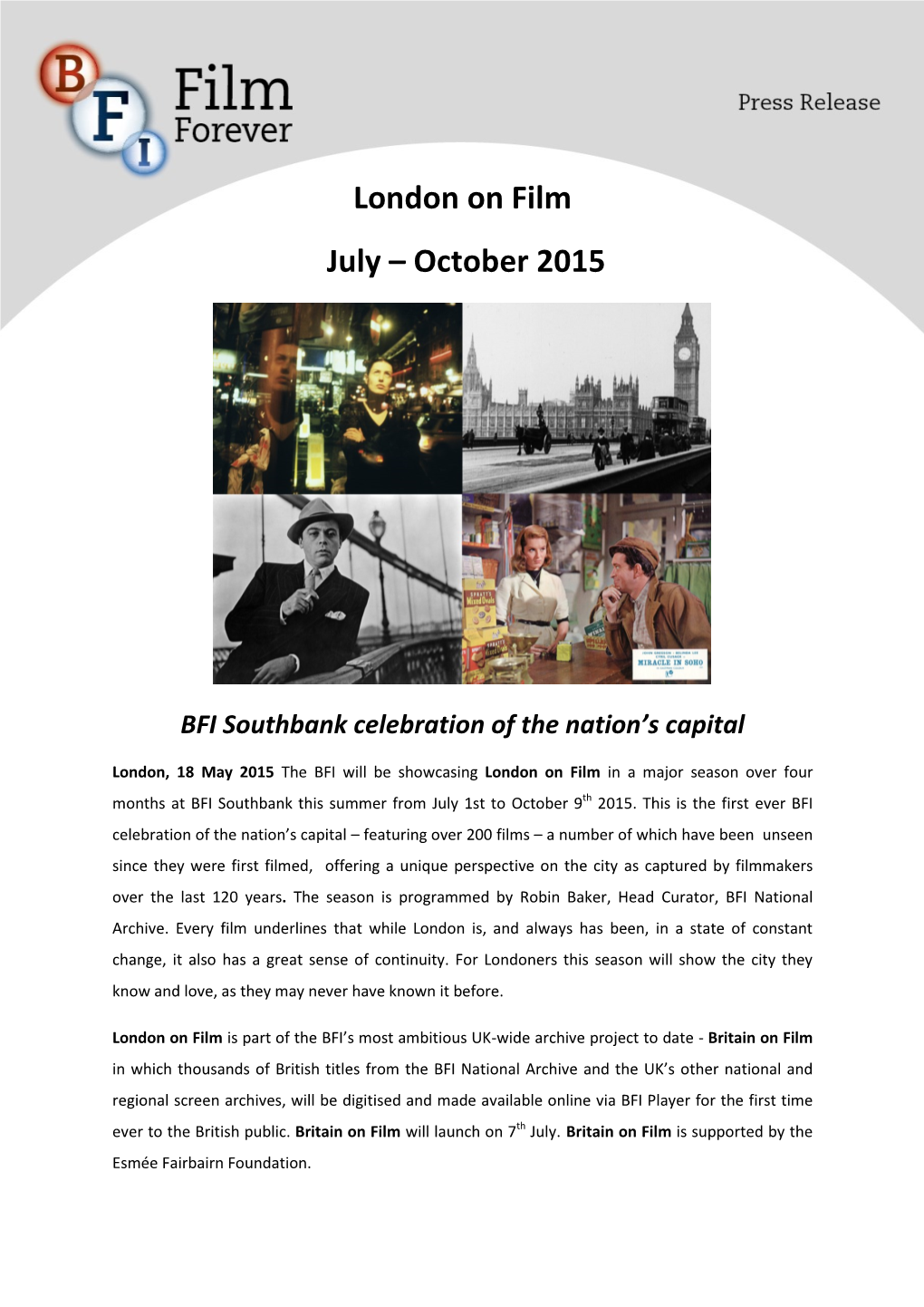 London on Film July – October 2015