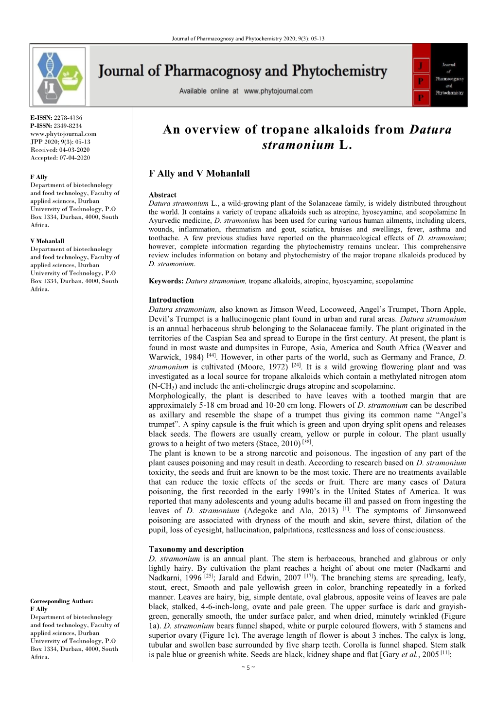 An Overview of Tropane Alkaloids from Datura Stramonium L