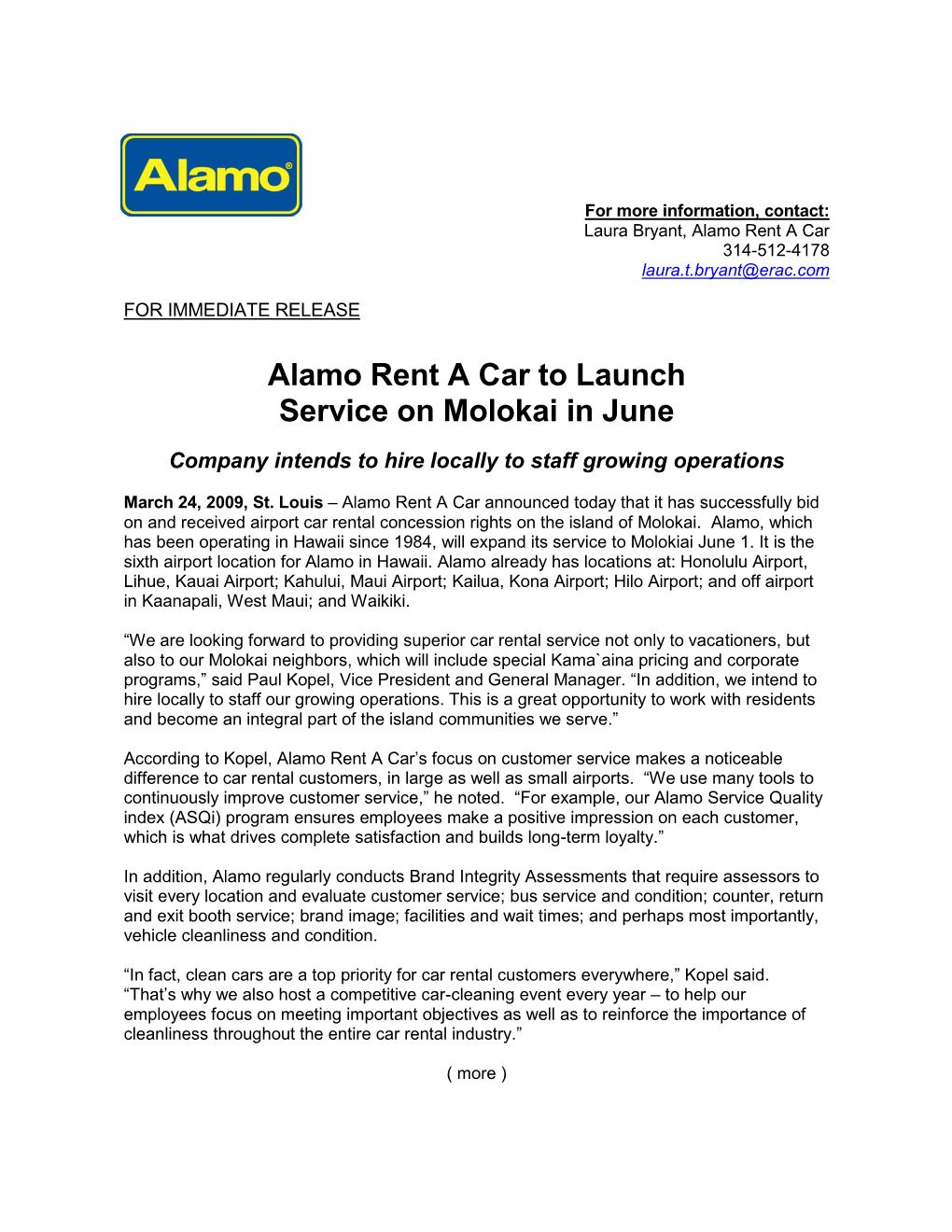 Alamo Rent a Car to Launch Service on Molokai in June