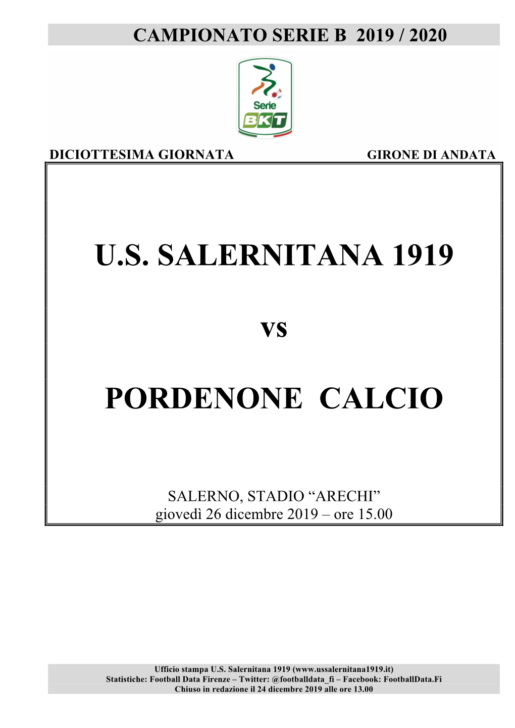 U.S. SALERNITANA 1919 Vs PORDENONE CALCIO
