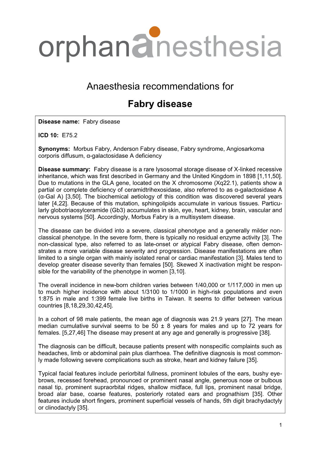 Anaesthesia Recommendations for Fabry Disease