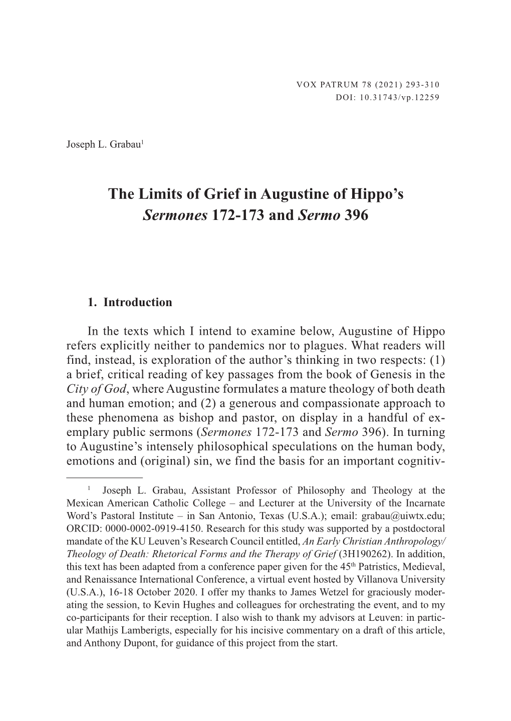 The Limits of Grief in Augustine of Hippo's Sermones 172-173 And