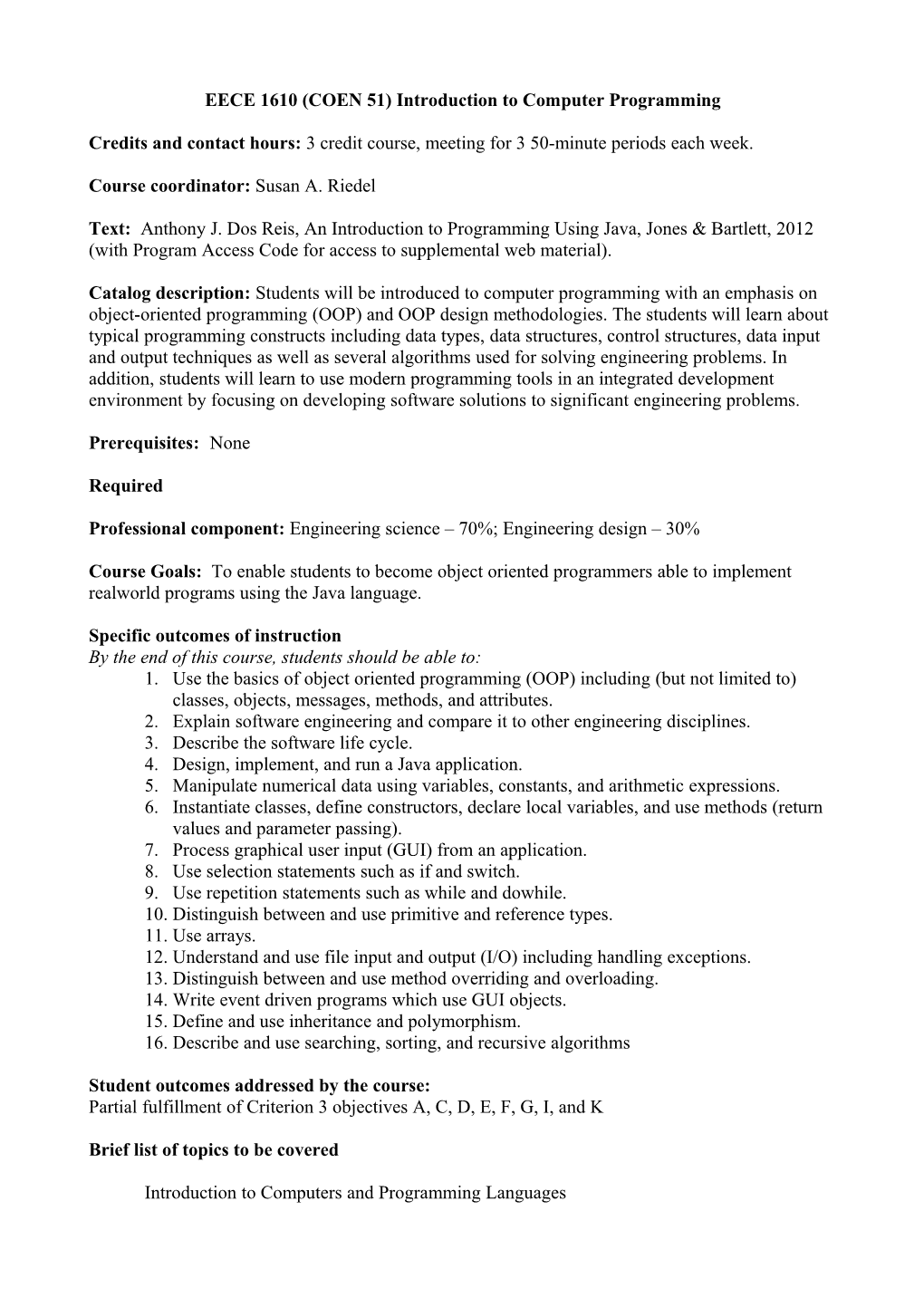 EECE 1610 (COEN 51) Introduction to Computer Programming