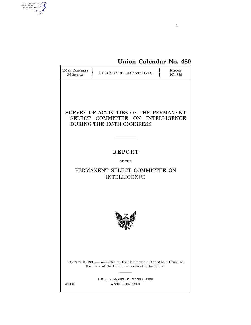 Survey of Activities of the Permanent Select Committee on Intelligence During the 105Th Congress