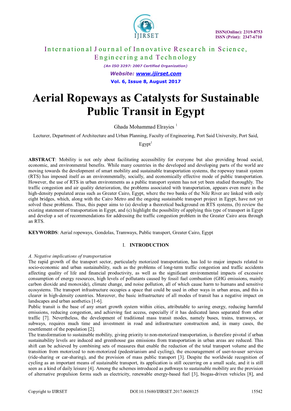 Aerial Ropeways As Catalysts for Sustainable Public Transit in Egypt