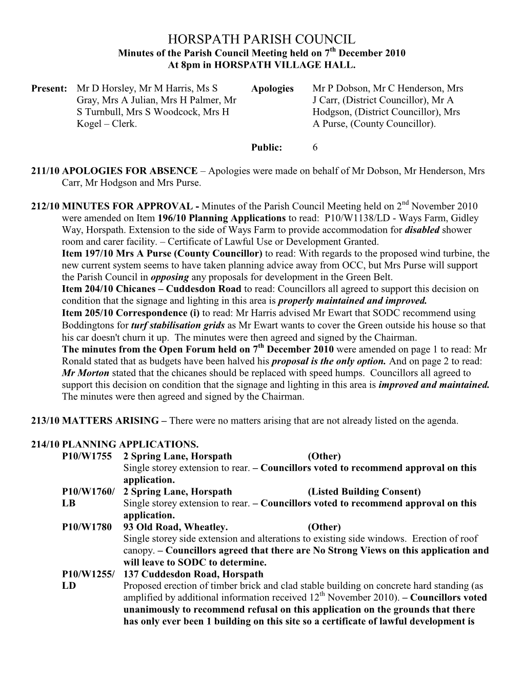 Minutes of the Parish Council Meeting Held on 7Th December 2010 at 8Pm in HORSPATH VILLAGE HALL