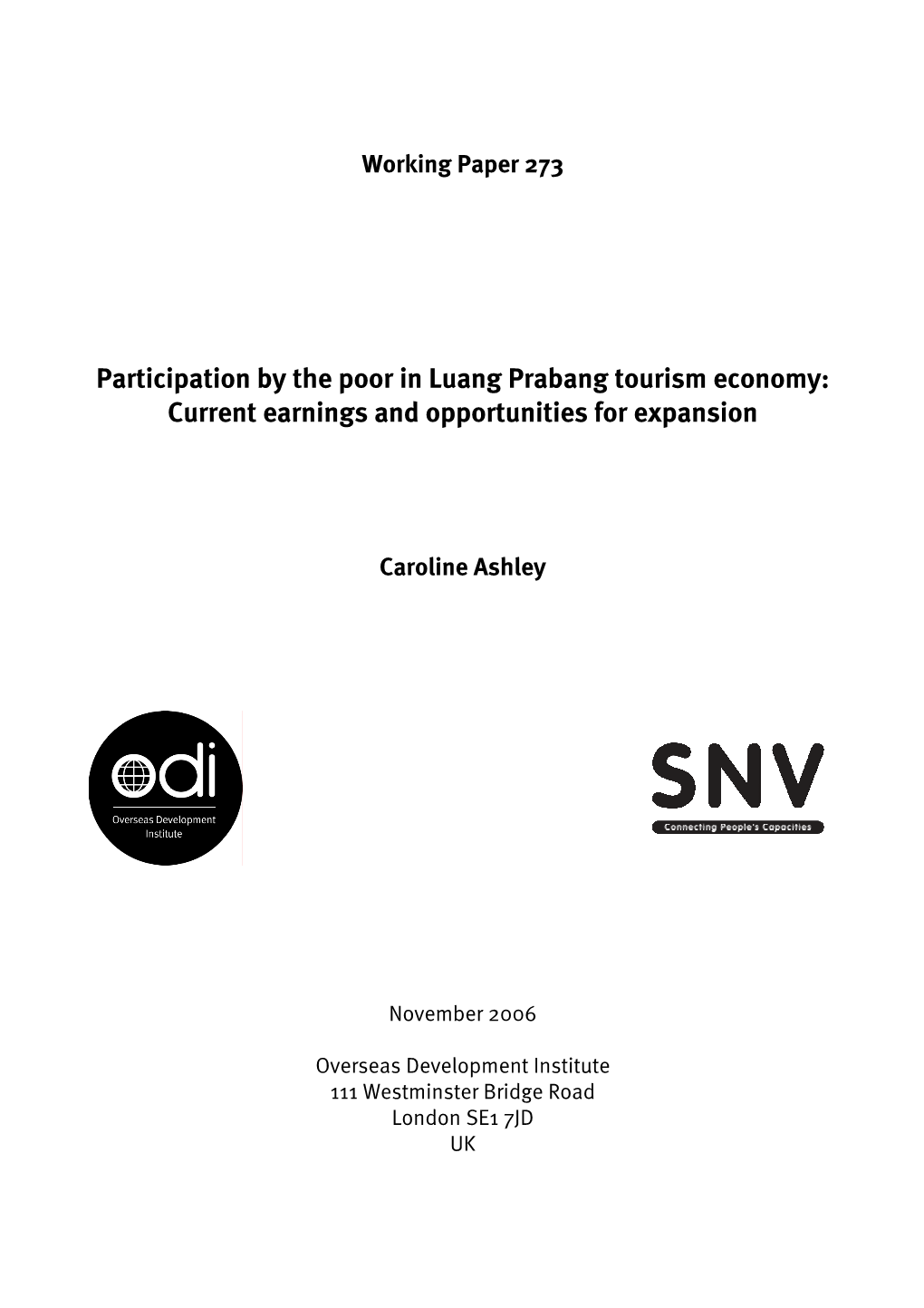Participation by the Poor in Luang Prabang Tourism Economy: Current Earnings and Opportunities for Expansion