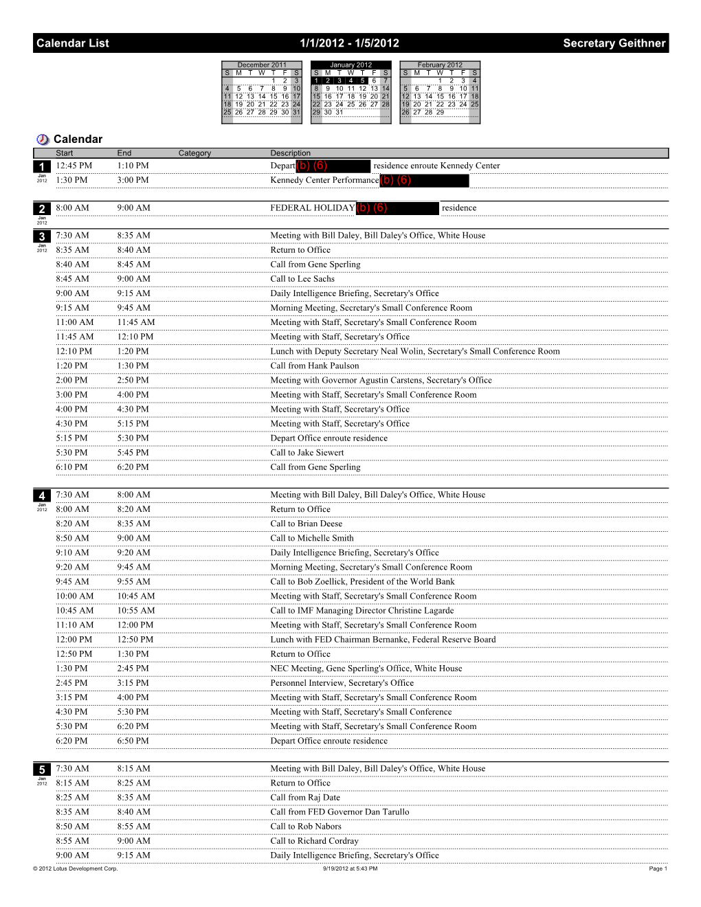 Calendar 1 2 3 4 5 Calendar List Secretary Geithner 1/1/2012